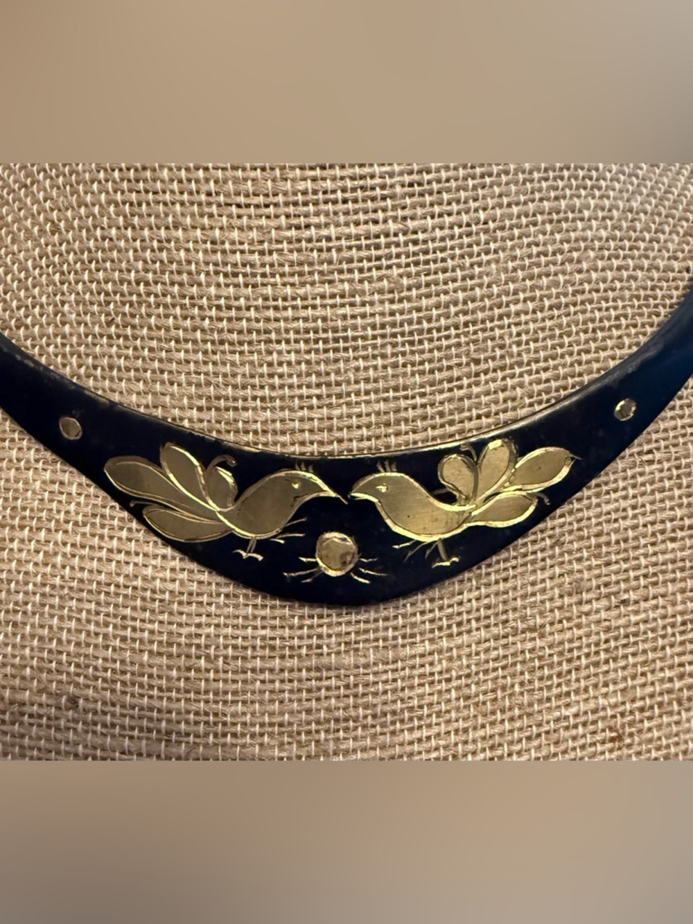 Rare Brass Collar Necklace Black Gold Tone Bird Floral Design Vintage India - Picture 3 of 14